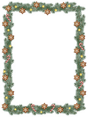 Watercolor Christmas frame with fir garland, gingerbread stars, candy canes, and lights, painted in a soft festive style. Ideal for holiday cards, invitations, labels, and seasonal designs.