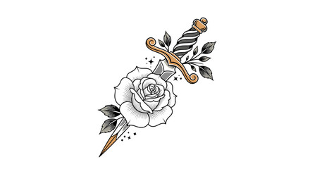 A striking traditional art piece illustrating a white rose pierced by a decorative dagger, accompanied by stylized leaves and subtle star details.