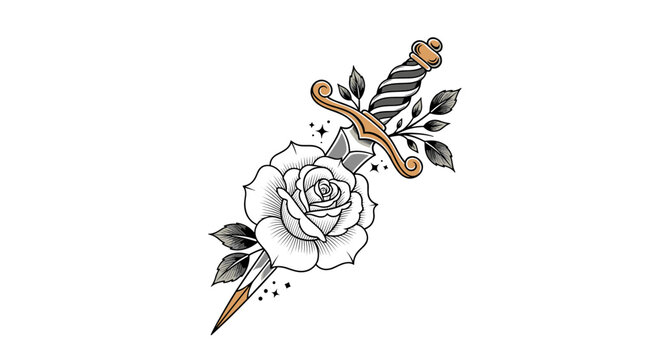 A striking traditional art piece illustrating a white rose pierced by a decorative dagger, accompanied by stylized leaves and subtle star details.