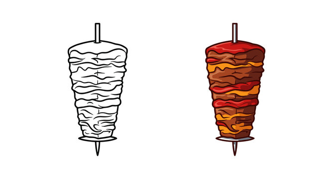 Illustration of a doner kebab or shawarma spit with layered meat, presented in both a black and white outline and a vibrant colored version.