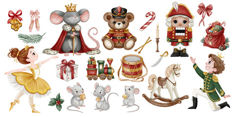 Fototapeta premium Cute watercolor Nutcracker clipart set: ballerina, prince, Mouse King, toy bear, train, rocking horse, gifts and festive decor. Perfect for Christmas cards, stickers, scrapbooking and kids designs.