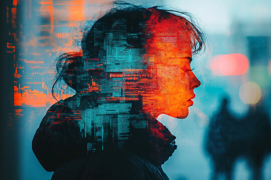 Generative AI glitch art of surreal psychedelic silhouette with abstract distortion and colorful visual waves - Powered by Adobe