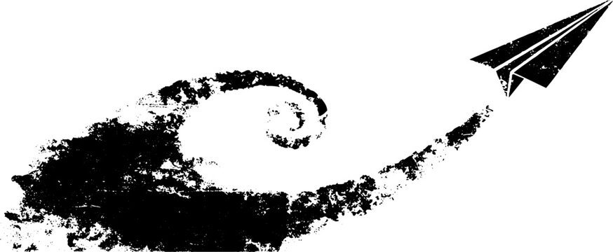 Black and white stencil illustration of a paper plane with artistic spiral trail