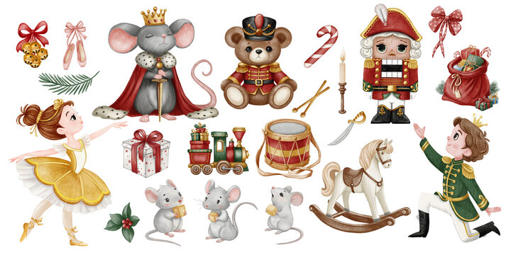 Cute watercolor Nutcracker clipart set: ballerina, prince, Mouse King, toy bear, train, rocking horse, gifts and festive decor. Perfect for Christmas cards, stickers, scrapbooking and kids designs.