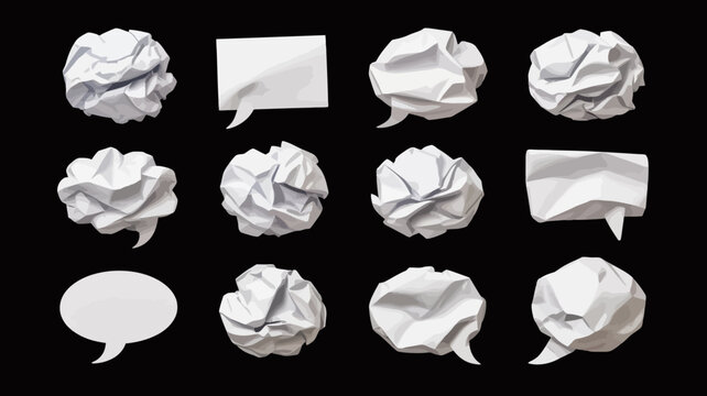 A collection of crumpled white paper balls shaped like speech bubbles arranged in a grid on a black background representing ideas and communication