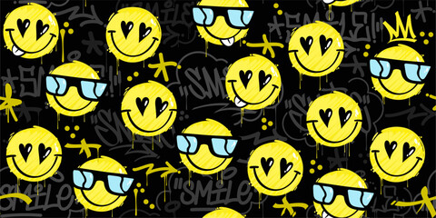 Funny Trendy Abstract Street Art Graffiti Style Happy Smiling Face Seamless Background Template