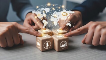 Remote team communication and virtual collaboration. Hands activating illuminated wooden blocks with tech icons beneath a digital world map to reflect smooth distributed team coordination.
