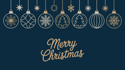 Elegant merry christmas greeting card featuring a row of stylized decorative christmas ornaments with intricate geometric and snowflake designs hanging against a deep blue background
