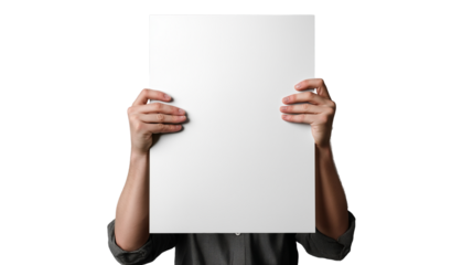 A Creative Individual Holding a Blank White Sign in Front of Their Face, Ready for Customization or Expression on Transparent Background