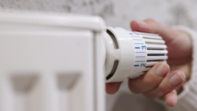 Hand adjusting a white radiator thermostat control in a cozy indoor setting, showcasing home heating management and comfort during colder months with a warm ambiance