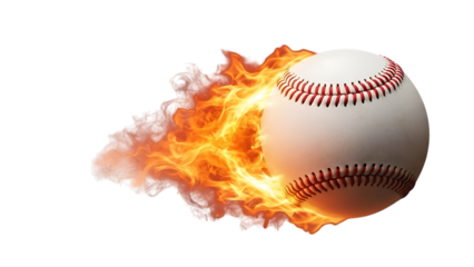 White baseball, with red stitching engulfed in bright orange flames, cutout, PNG isolated on white or transparent background