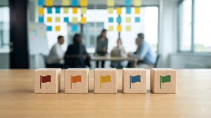 Visual representation of key priorities, objectives, or strategic initiatives (flags) being discussed by a business team during a planning or brainstorming session.