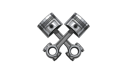 Two shiny, silver engine pistons and connecting rods crossed in an 'X' shape, representing automotive mechanics and power.