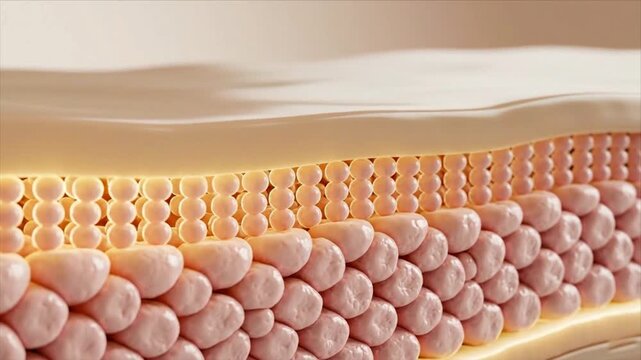 Close up view of skin layers with pink cells and a cream layer on top in a detailed animation