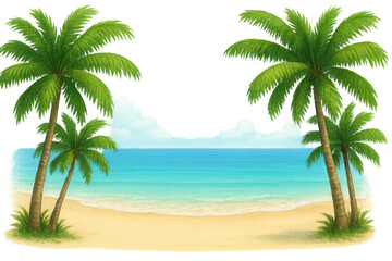 Obraz premium Tropical beach drawing with palm trees and blue ocean water, a summer vacation paradise scene on transparent background
