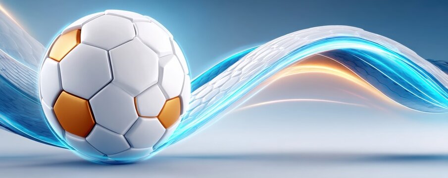 Three white soccer balls with blue glowing hexagonal panels in a futuristic 3D rendering - Powered by Adobe