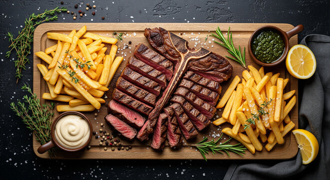 Juicy steak and crispy french fries, a classic American meal, beautifully plated with rosemary, ketchup, and mayonnaise sauces