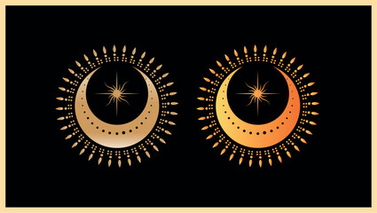 Fototapeta premium Golden crescent moons with stars and sunbursts on a black background