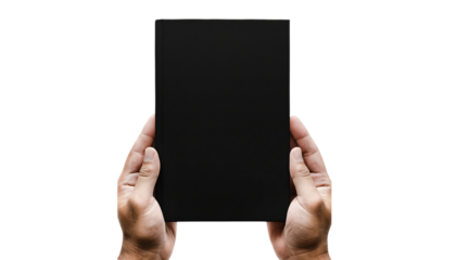 Hands holding blank black book cover mockup template isolated isolated on transparent background