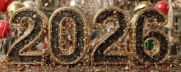 Golden 2026 celebration with black and gold balloons, confetti, and festive decor for New Year