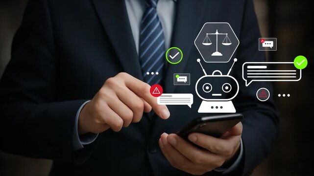 4k, AI Chatbot Content Moderation and Digital Ethics &ndash; Businessman Using Smartphone for Responsible AI Communication and Legal Compliance