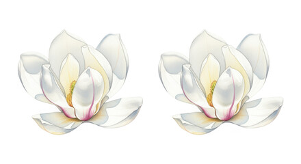 Pair of white magnolia blossoms watercolor botanical Illustration isolated on transparent background