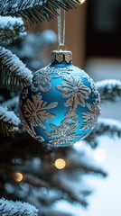 8K Ultra-HD Blue and Gold Pattern Christmas Ornament,Festive Promotion Design Material,Cool Tone Luxury Holiday Atmosphere,Suitable for High-End Home Decor Scenes