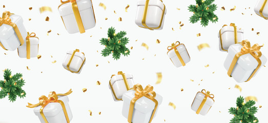 Christmas banner with white gift boxes and fir-tree branches. Merry Christmas calligraphy. Holiday corner decoration with gifts and gold confetti on white background. New year banners, , social media.