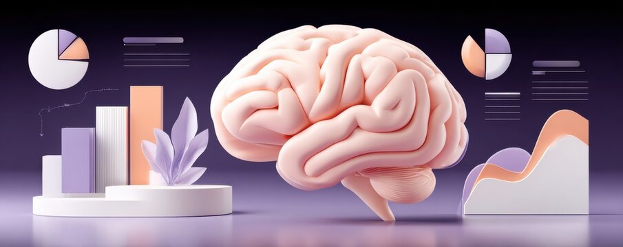 Futuristic brain with data graphs and charts in a vibrant 3D visualization scene