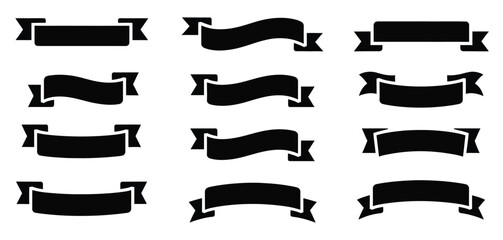 Ribbon collection of black glyph tape icons, showcasing vintage-style outlines, decorative text banners, vector ribbons, and isolated elements