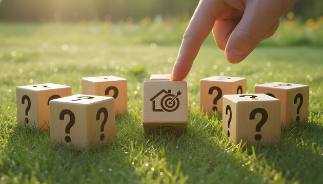 Hand points to a wooden block with a house and target symbol.