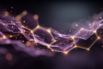 Futuristic hexagon network with glowing gold edges on a purple digital background for tech and abstract design