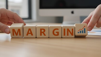 Hands arranging wooden blocks spelling MARGIN with a growth chart symbol on a desk.