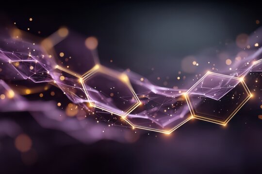 Futuristic hexagon network with glowing gold edges on a purple digital background for tech and abstract design