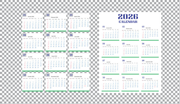 Year 2026 annual calendar with monthly grid and date numbers.