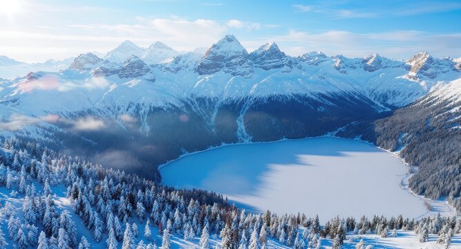 Aerial view of a snow-covered mountain range, a frozen lake, and evergreen forests