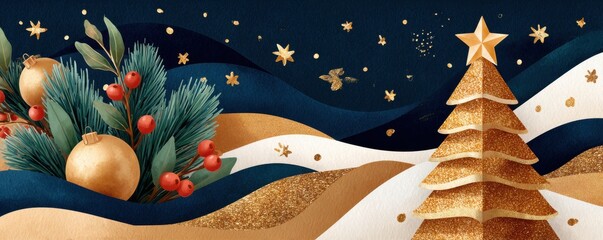 Obraz premium Golden Christmas tree with glittering ornaments and star accents in a festive, luxurious winter scene