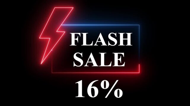 Blue and Red color neon sign promoting a flash sale with a bold -16% discount. Perfect for showcasing digital marketing and e-commerce promotions.4k animation video..