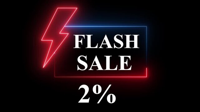 Blue and Red color neon sign promoting a flash sale with a bold -2% discount. Perfect for showcasing digital marketing and e-commerce promotions.4k animation video..