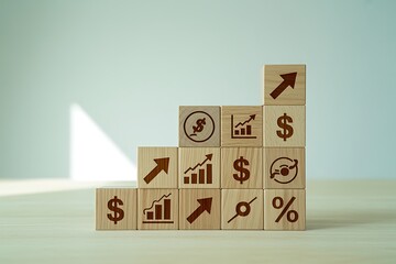 Wooden blocks showing financial growth and business success icons