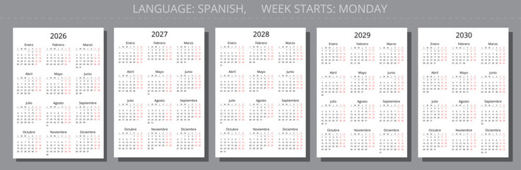 2026, 2027, 2028, 2029, 2030 spanish year calendars. Printable vector illustration set for Spain