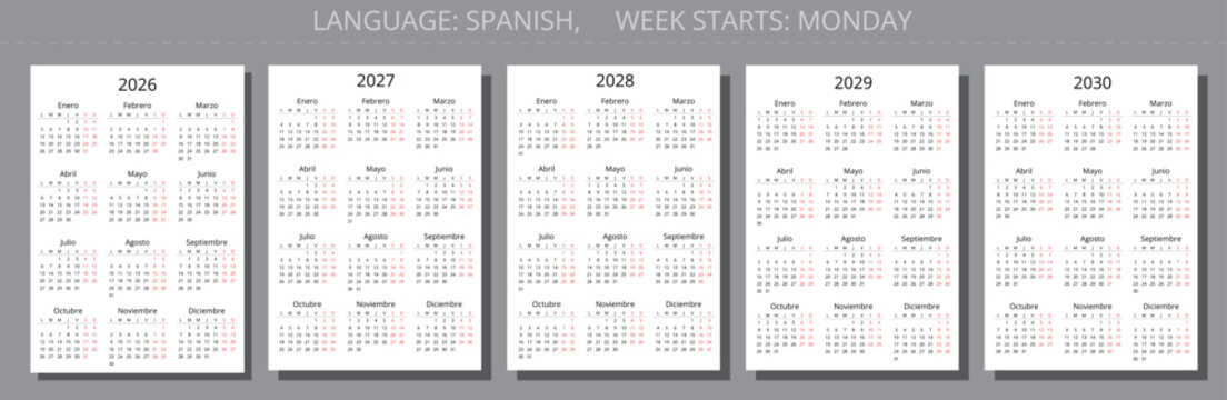 2026, 2027, 2028, 2029, 2030 spanish year calendars. Printable vector illustration set for Spain