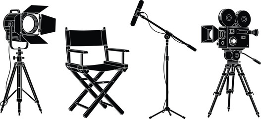 Film equipment, silhouette icons, studio light, director chair, boom mic, vintage camera, movie gear, cad drawing flat vector illustration © Monira