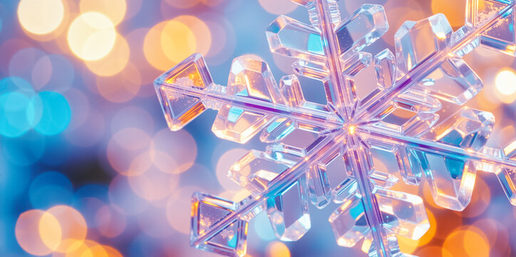 A macro of an ice crystal snowflake on a festive winter background. Christmas and New Year holiday concept with colorful bokeh