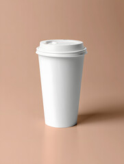 Disposable paper coffee cup container with lid on a cafe table