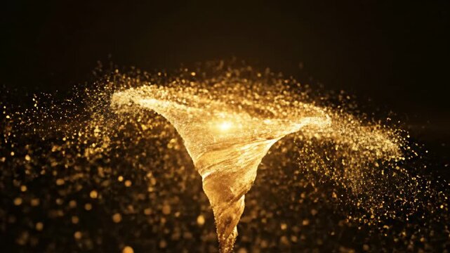 Dynamic swirling vortex of golden glitter particles forming a shimmering tornado against a black background.