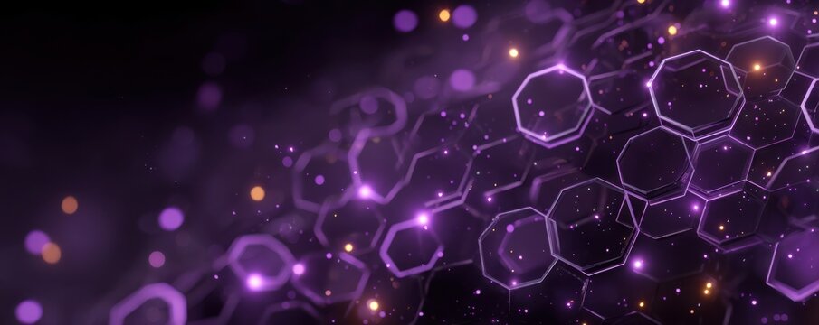 Purple hexagon technology background with glowing lights and geometric pattern for futuristic visuals
