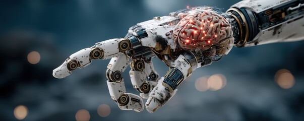 Robotic hand holding a brain with red neural lights, symbolizing artificial intelligence and future technology