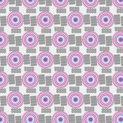 Naklejka premium Elegant geometric circle mandala pattern in pink,teal,and soft gray tones over a warm beige background.Perfect for textile print,background,packging,digital or print use,contemporary design projects.