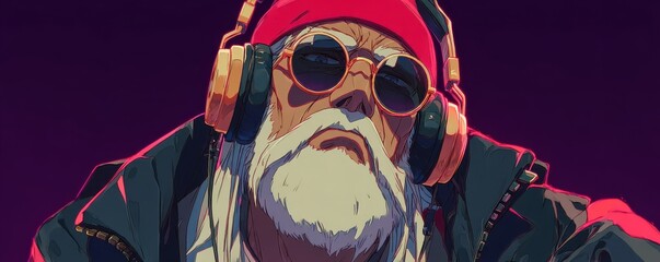 Santa DJ in headphones and sunglasses delivers a festive, futuristic musical vibe for Christmas